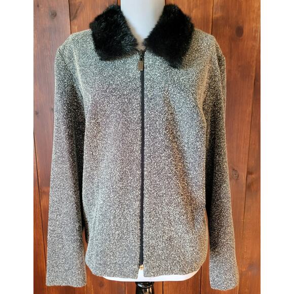 Women 14 Black & White Bouclé Blazer Faux Fur Collar Texture Tailored Whimsygoth - Picture 2 of 11